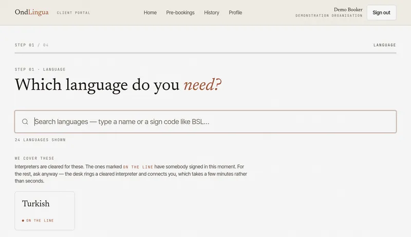 The client portal's language step: a search box, then the languages interpreters are cleared for, with Turkish marked 'on the line' because an interpreter is signed in at that moment.