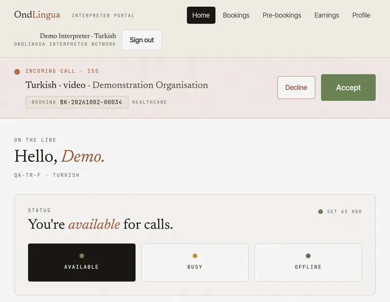 The interpreter portal's home screen as an offer arrives: a banner reading 'Incoming call' with the language, the mode and the organisation, a Decline button and a green Accept button, above the interpreter's availability switch.